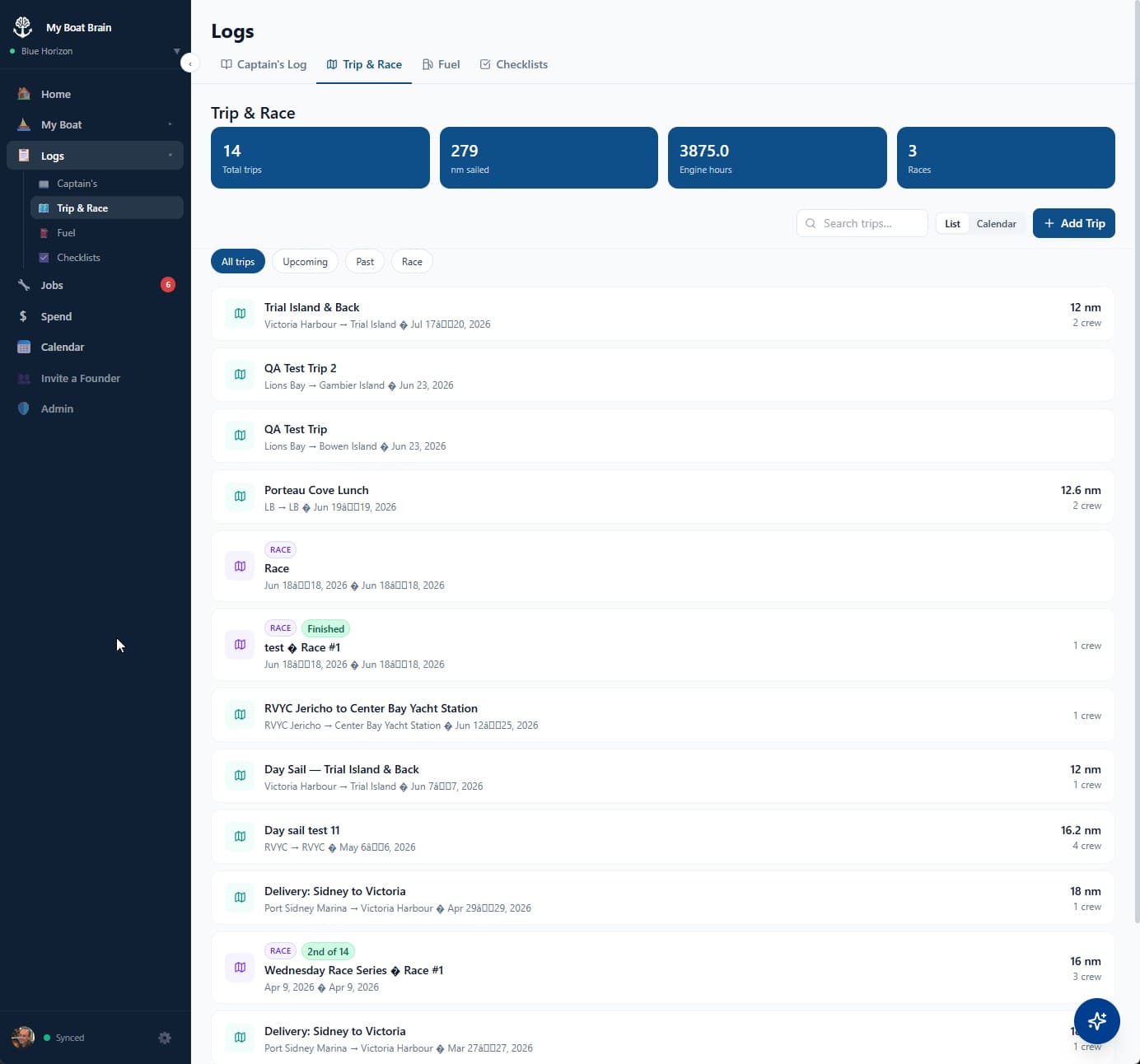 Trips — card view + logbook